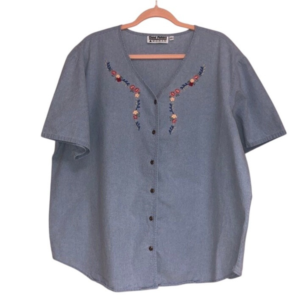 Gina Peters Vintage Blouse Women's 2X Light Denim Chambray Floral Embroidery Top